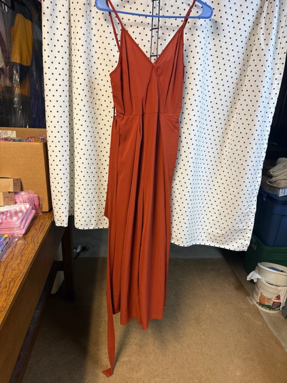 Simple Rust-Orange Spaghetti-Strap Maxi Jumpsuit with slits in leg